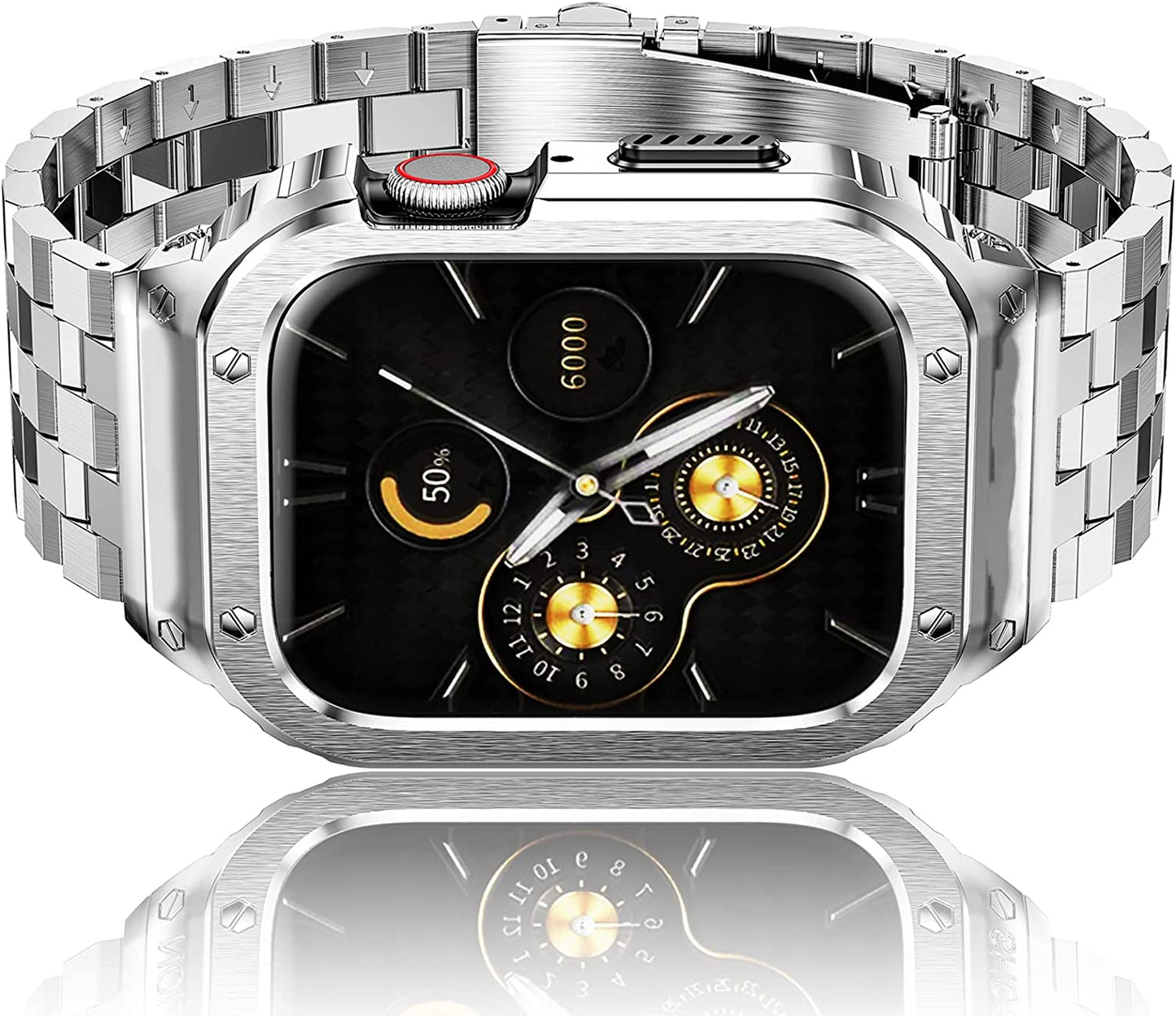 Amznew Apple Watch Bands Compatible for Iwatch Series Ultra (49Mm) 8/7(45Mm/41Mm), 6/5/4/Se(44Mm/40Mm) 3/2/1(42Mm/38Mm), Stainless Steel Iwatch Bands with Case and Protective Cover Men Amznew Silver 44/42mm