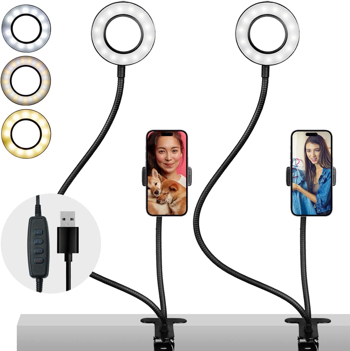 LS Photography Clip on Selfie Ring Light Stand with Phone Holder, Flexible Arms for Video Photography Desk Lamp Bedroom, LGG775 LS PHOTOGRAPHY 2-Pack