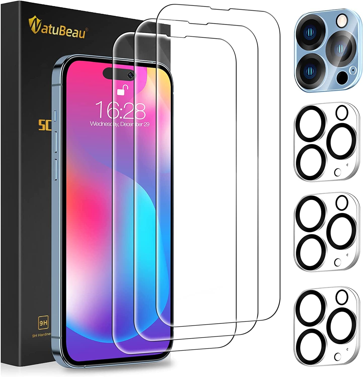 Natubeau 3 Pack Screen Protector for Iphone 14 plus 6.7" with 3 Pack Camera Lens Protector, HD Clear Tempered Glass Iphone 14 plus Screen Protector, 9H Hardness, Scratch Resistant, Easy Install, Bubble Free, Case Friendly NatuBeau (3+3) for iphone 14 pro max