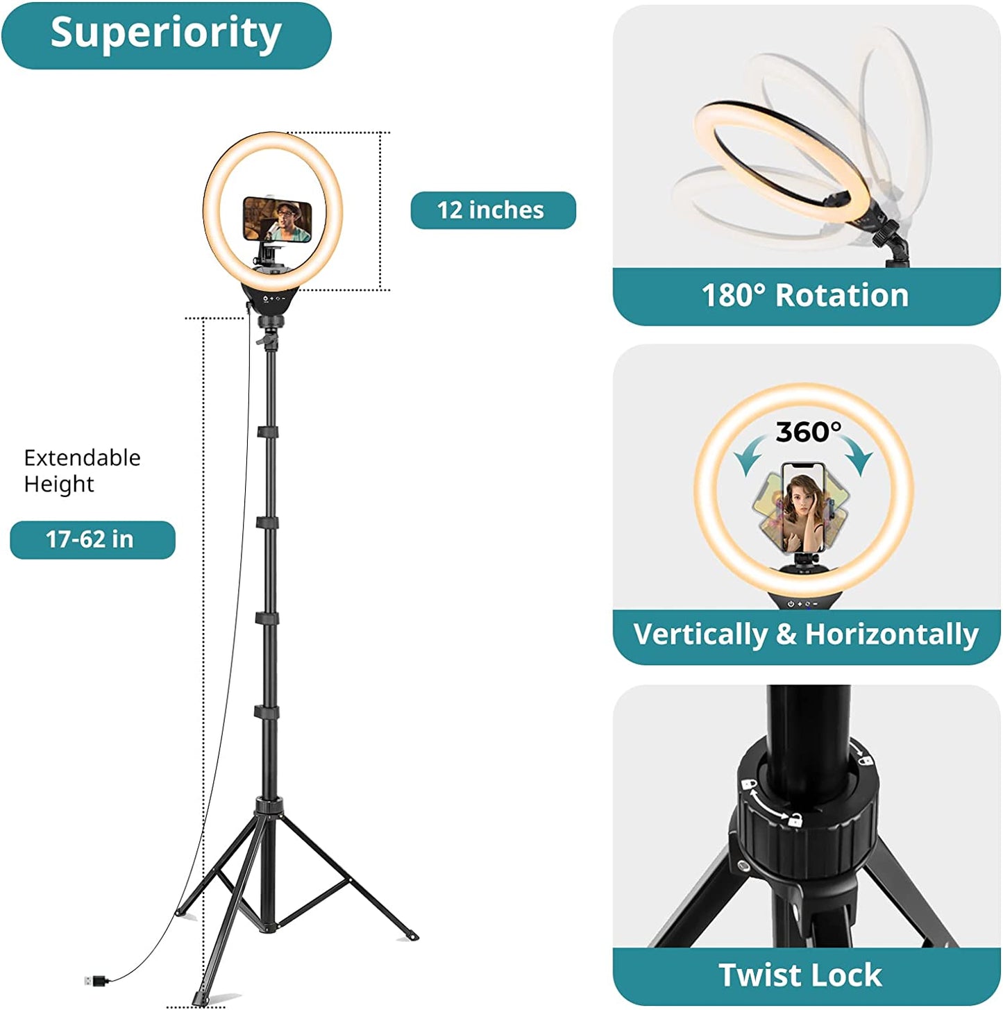 Eicaus 12" Ring Light with Tripod Stand and Phone Holder,Selfie LED Lighting with 62" Phone and Stand,Circle Ringlight for Photography,Tik Tok and Youtube,Compatible with Iphone, Android and Cameras Eicaus