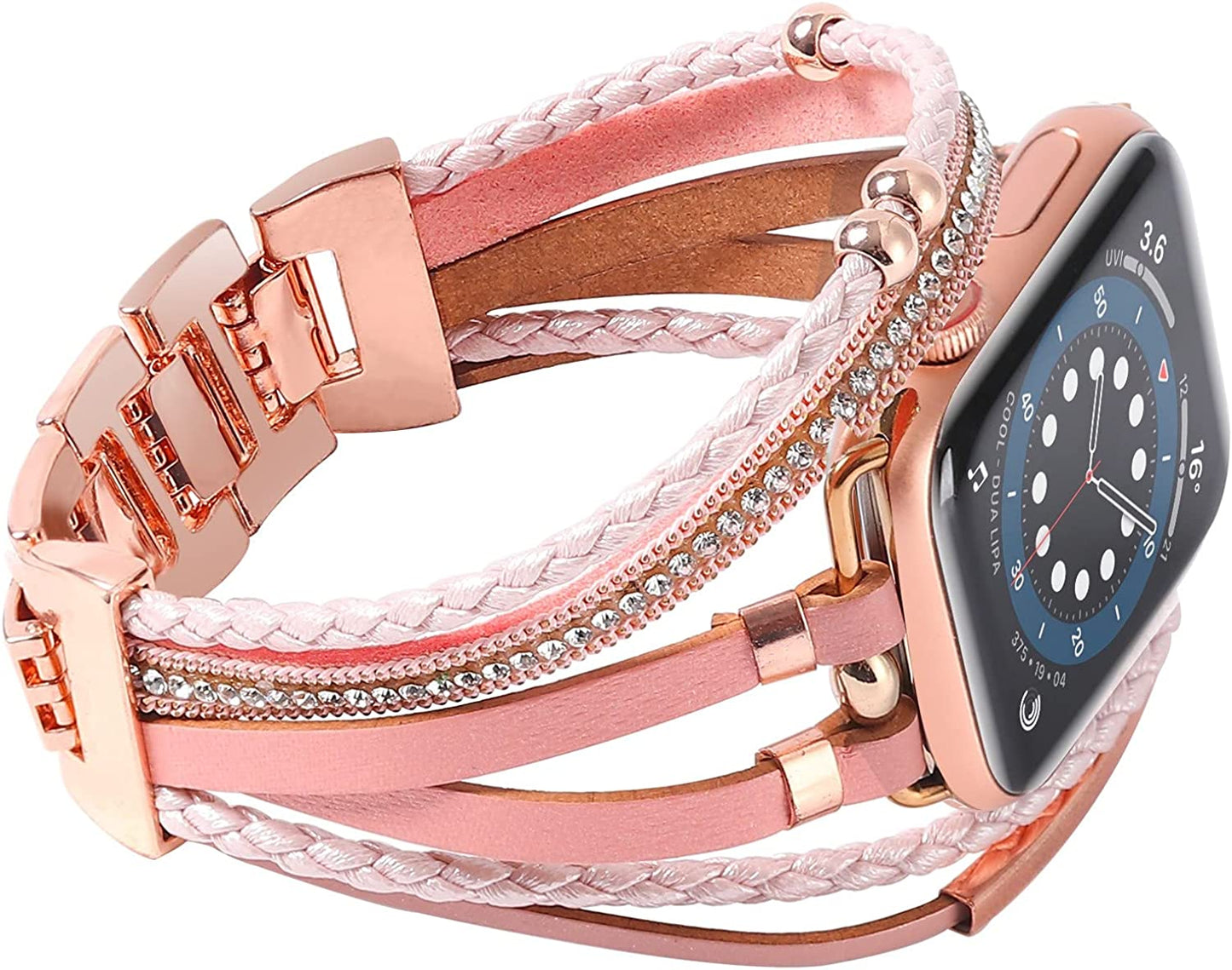 WONMILLE Posh Leather Bands Compatible with Apple Watch 41Mm 40Mm 38Mm 45Mm 44Mm 42Mm 49Mm Women, Boho Bracelets Jewelry Multilayer Wrap Strap for Iwatch Series Ultra 8 7 6 5 4 3 2 1 SE WONMILLE Pink with Rose Gold 42mm/44mm/45mm