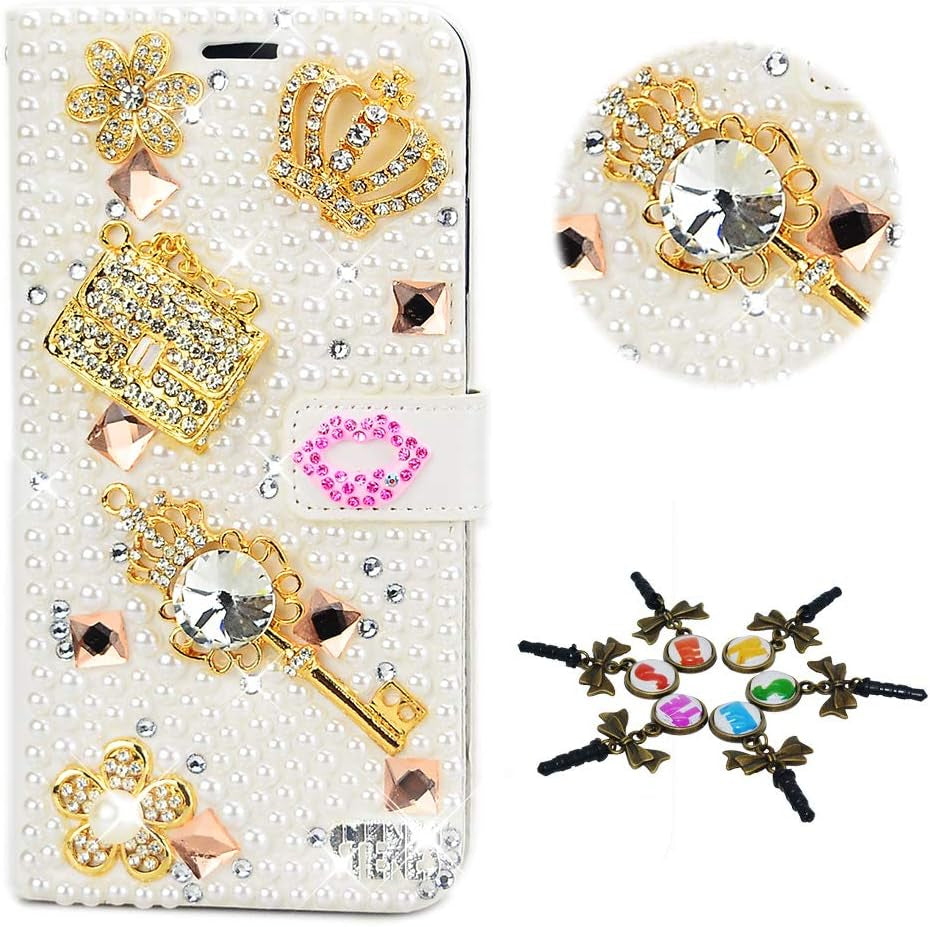 STENES Bling Case Compatible with LG V30 - Stylish - 3D Handmade Pretty Sunshine Flower Butterfly Design Magnetic Wallet Leather Cover Compatible with LG V30 / LG V30 plus - Purple STENES Diamond Key Girls Bag Crown Flowers Floral / White