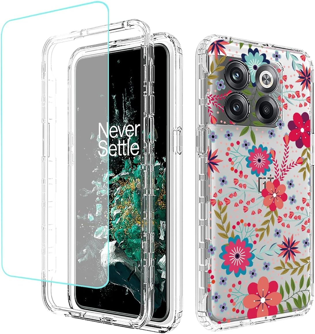 Vokuha Case for Oneplus 10T 5G/Oneplus Ace Pro Case, CPH2415 Case with Tempered Glass Screen Protector, Floral Crystal Clear TPU Shockproof Protective Armor Cover for Oneplus 10T 5G (Rose Flower) Vokuha Floral Prints