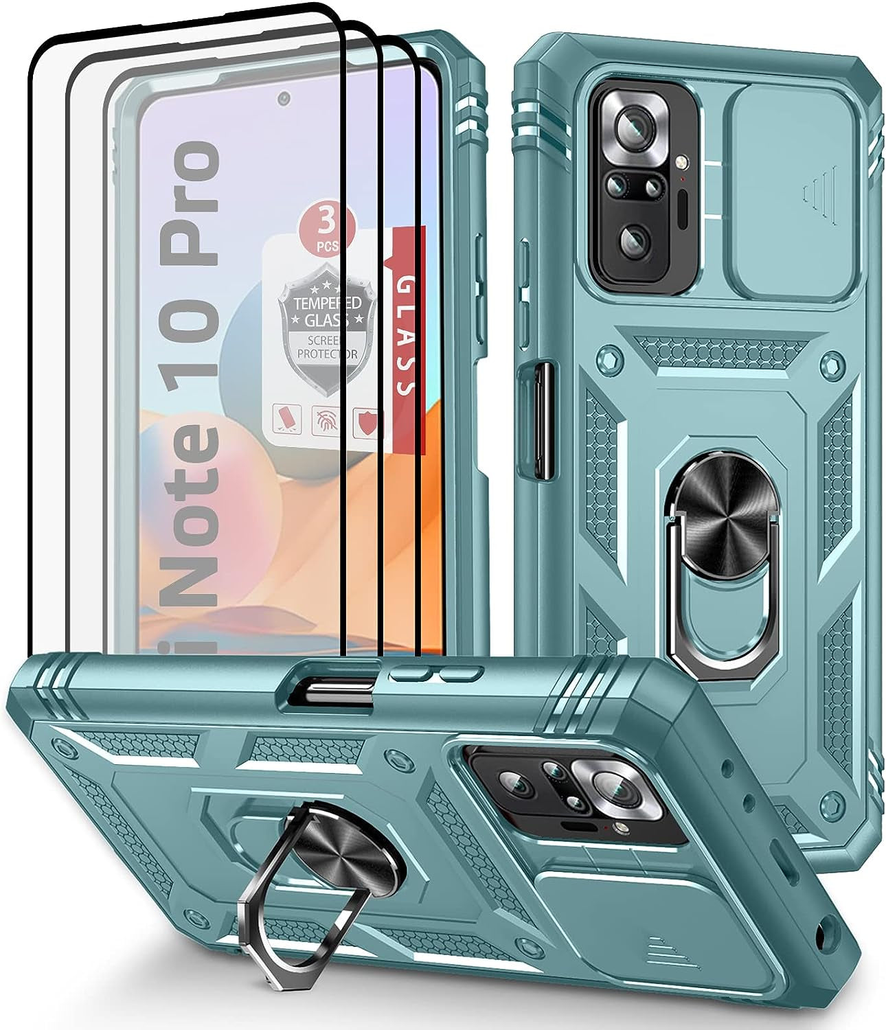 Xiaomi Redmi Note 10 Pro Case, Redmi Note 10 Pro MAX Case with 3 Pcs Tempered Glass Screen Protector Built in Ring Stand Kickstand + Camera Cover, Hard PC Soft TPU Defender Full Body Armor Case -White ANOUKE Green