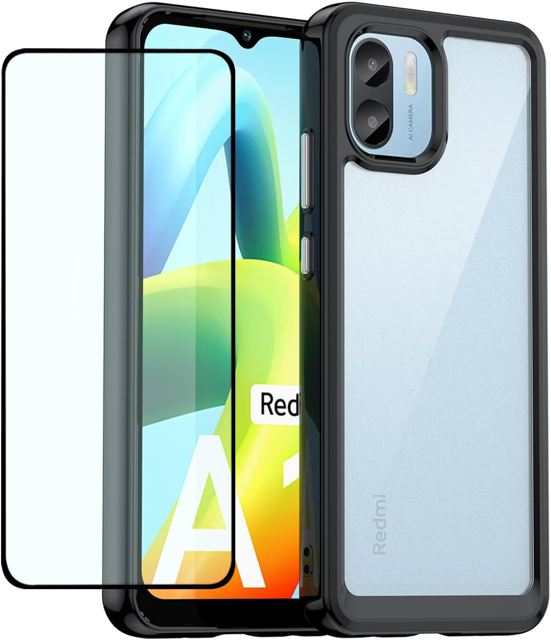 DFTCVBN Phone Case for Redmi 12C Case, Poco C55/Redmi 11A 22120RN86G Case with HD Screen Protector, Soft Bumper with Clear Crystal PC Hard Back Shockproof Cover Cases for Xiaomi Redmi 12C Clear DFTCVBN Black