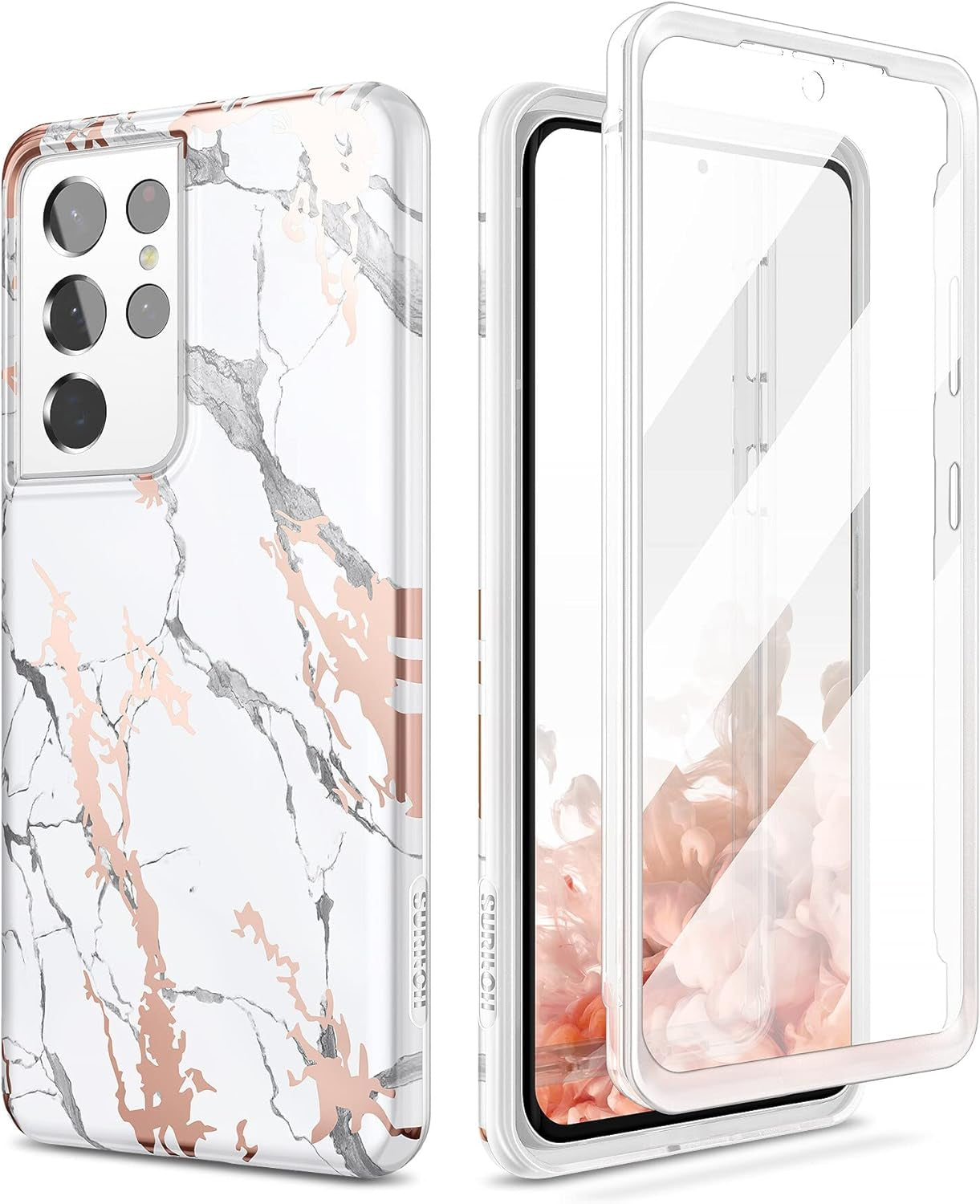SURITCH Phone Case for Samsung Galaxy S21 Ultra 6.8 Inches Slim Fit, Front Cover with Built-In Screen Protector Smooth Back Cover Full Body Protection Shockproof Bumper, Grey Calla SURITCH White Marble