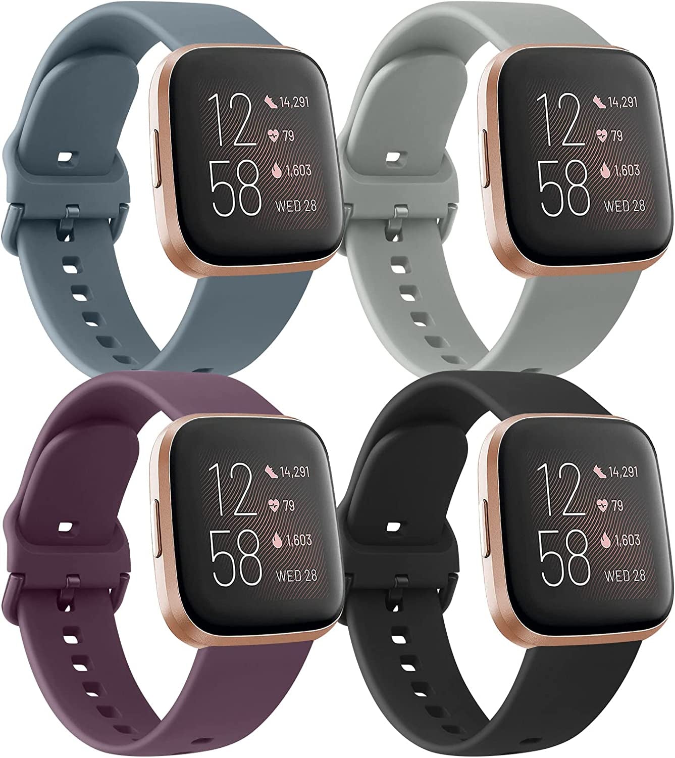 4 Pack Bands for Fitbit Versa 2 / Fitbit Versa/Versa Lite/Versa SE for Women Men, Soft Silicone Replacement Wristband for Fitbit Versa 2 Bands Amzpas Black/Purple/Blue Grey/Grey
