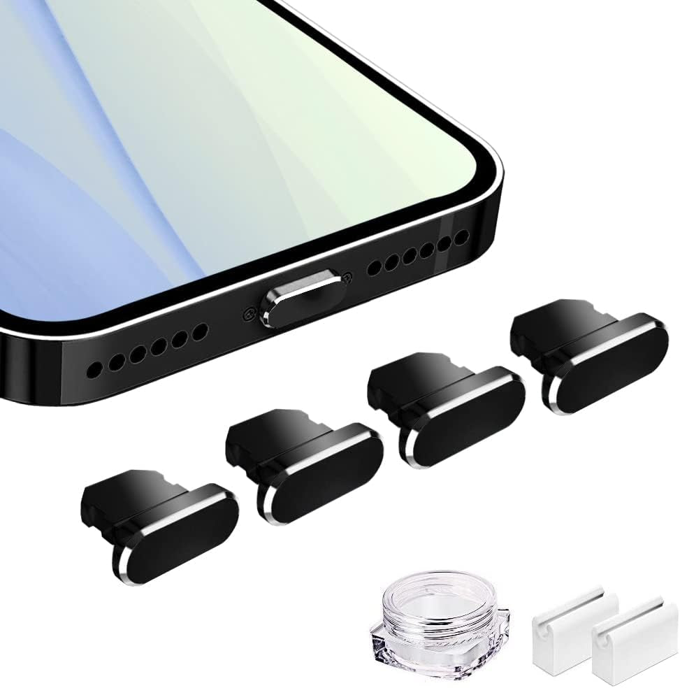 VIWIEU Metal anti Dust Plug Compatible with Iphone 14 13 12 11 X XS XR 8 7 SE Mini plus Pro Max Ipad Airpods, 2 Pack Lightning Charging Port Cover Protectors with Plug Holder and Storage Box (Black) VIWIEU Black Pack 4 PCS
