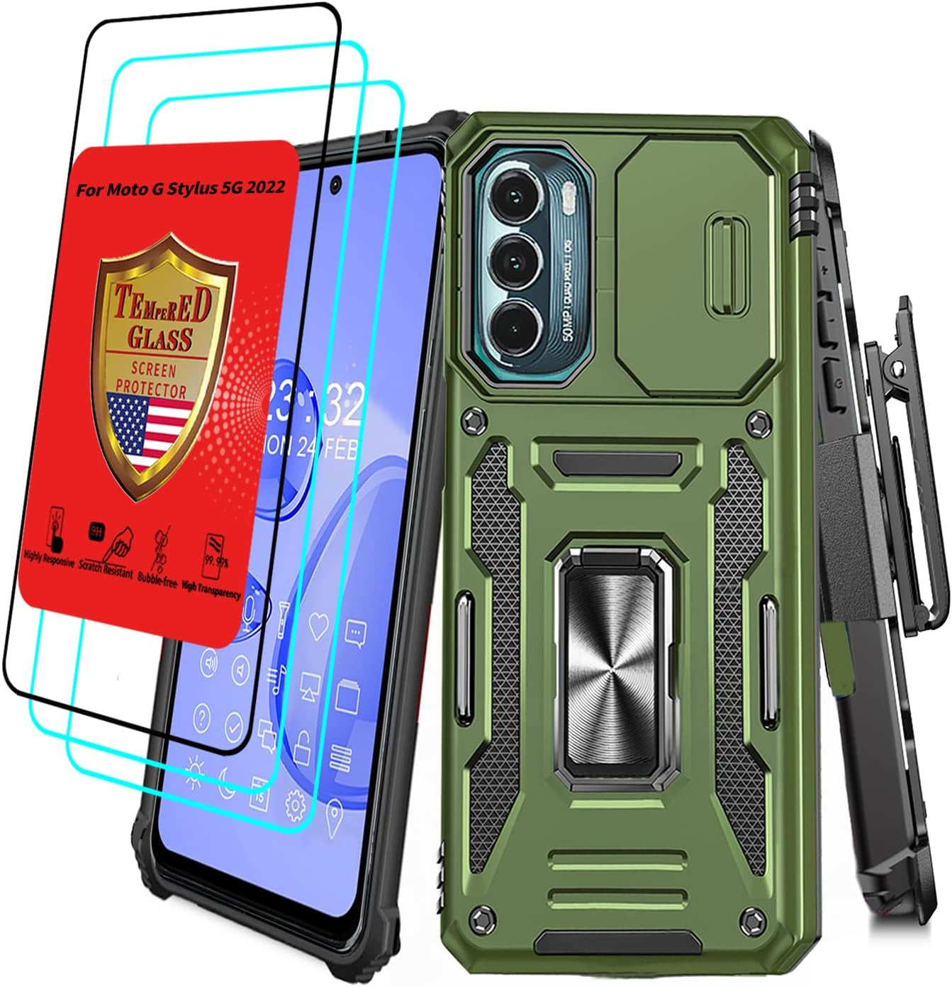 For Motorola Moto G Stylus 5G 2022 Case with Screen Protector Moto G Stylus 2022 5G Case with Belt Clip Military Grade Heavy Duty Moto G Stylus 5G 2022 Xt2215 Case Slide Camera Cover (RED) YIJUN Green