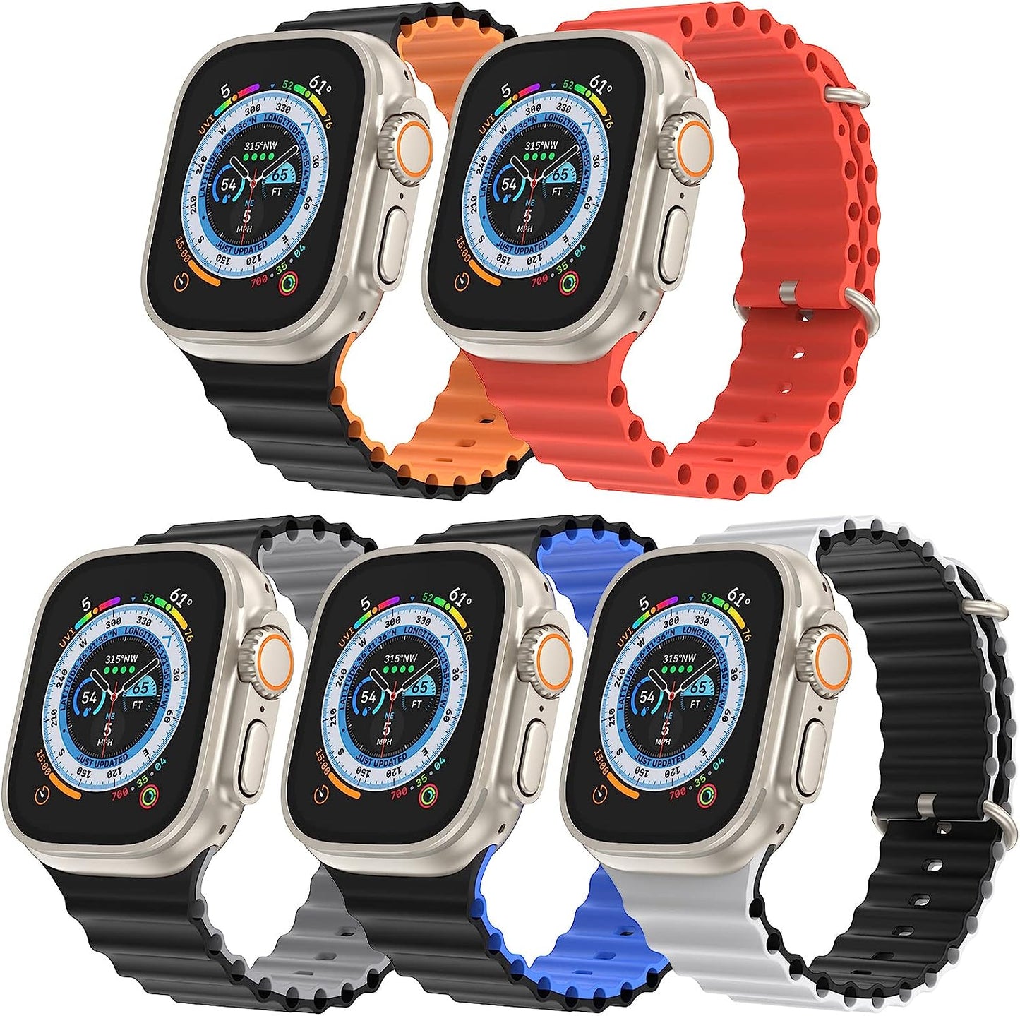 5 Pack Ocean Ultra Band Compatible for Apple Watch Band 49Mm 44Mm 45Mm, Soft Silicone Adjustable Loop Titanium Buckle Sport Strap for Iwatch Series Ultra SE 8 7 6 5 4 3 2 Women Men OWUSHEE