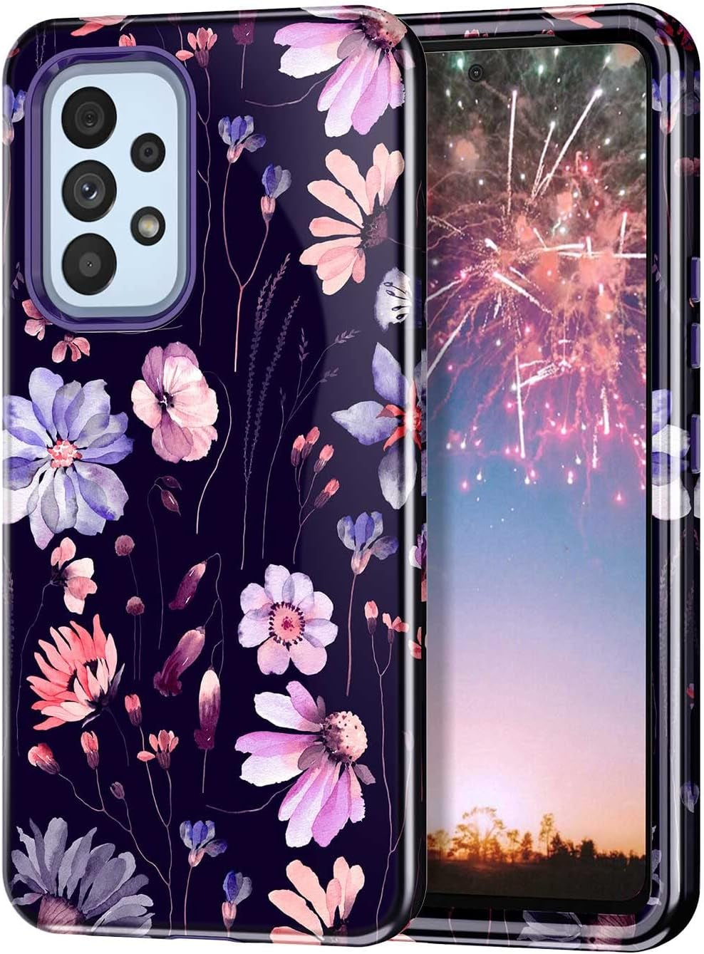 Btscase for Samsung Galaxy A53 5G Case, Marble Pattern 3 in 1 Heavy Duty Shockproof Full Body Rugged Hard Pc+Soft Silicone Drop Protective Women Girl Cover for Samsung Galaxy A53 5G,Drift Sand/Purple Btscase Purple Flower