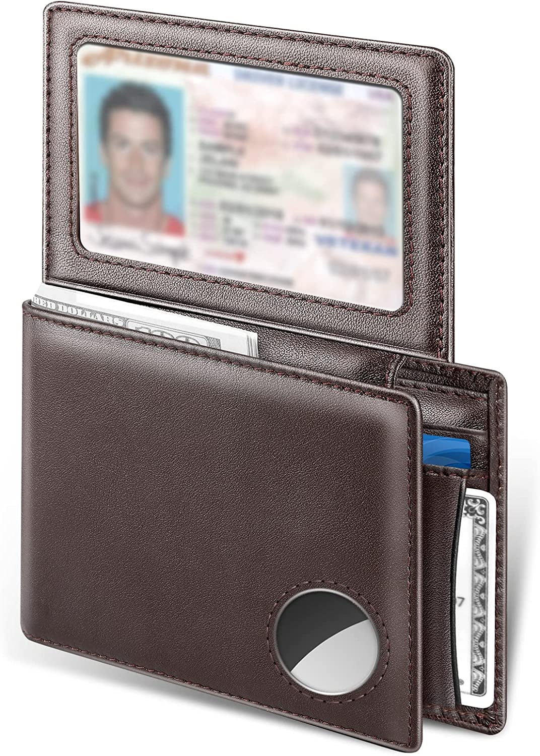 Dallson Mens Wallet for Airtag, Bifold Genuine Leather Wallet with Air Tag Holder, 2 ID Window, 10 Card Slot, RFID Blocking, Smart Wallet Compatible with Apple Airtag (Black) Dallson Style 1 - Brown