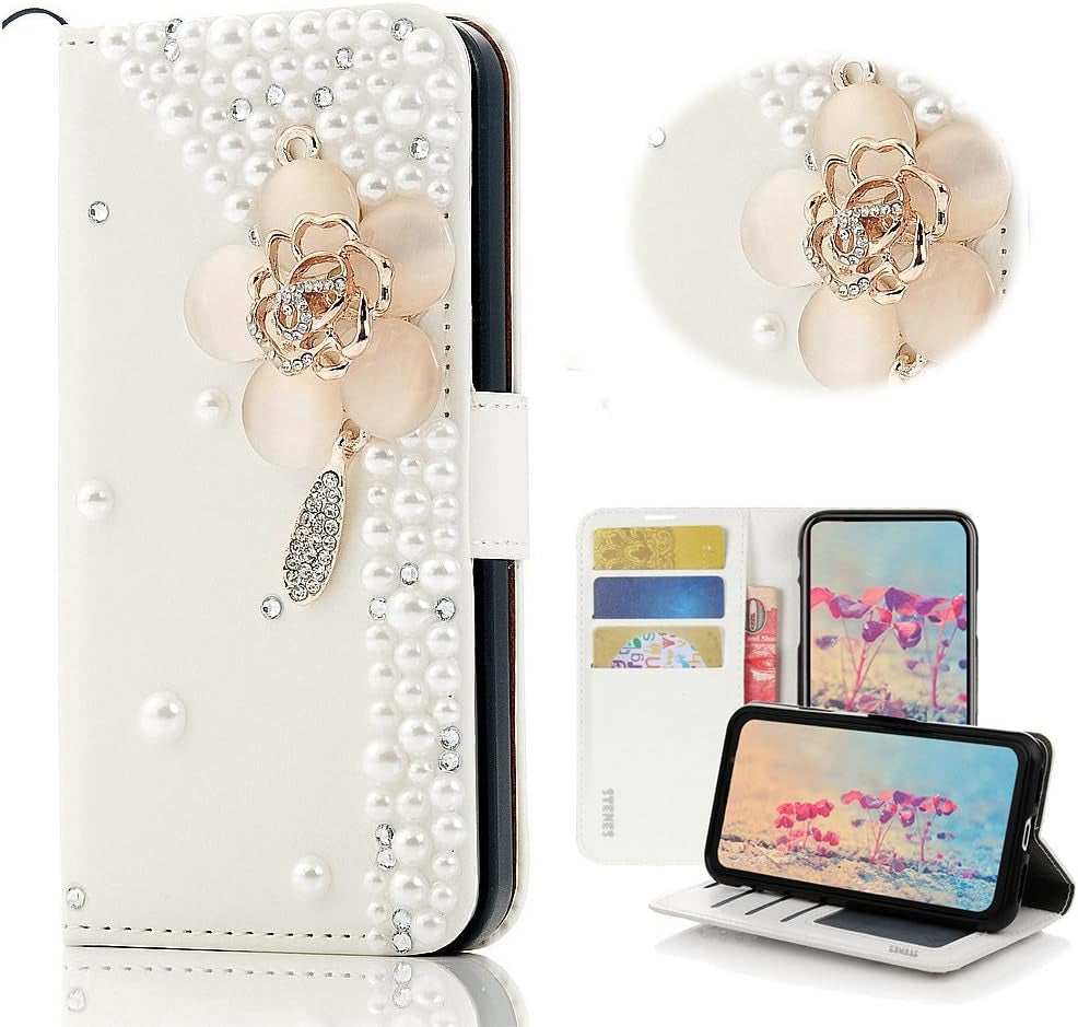 STENES LG G6 Case, LG G6 plus Case - Stylish - 3D Handmade Bling Crystal Butterfly Flowers Floral Wallet Credit Card Slots Fold Stand Leather Cover Case for LG G6/LG G6 plus - Blue STENES Flowers / Pink