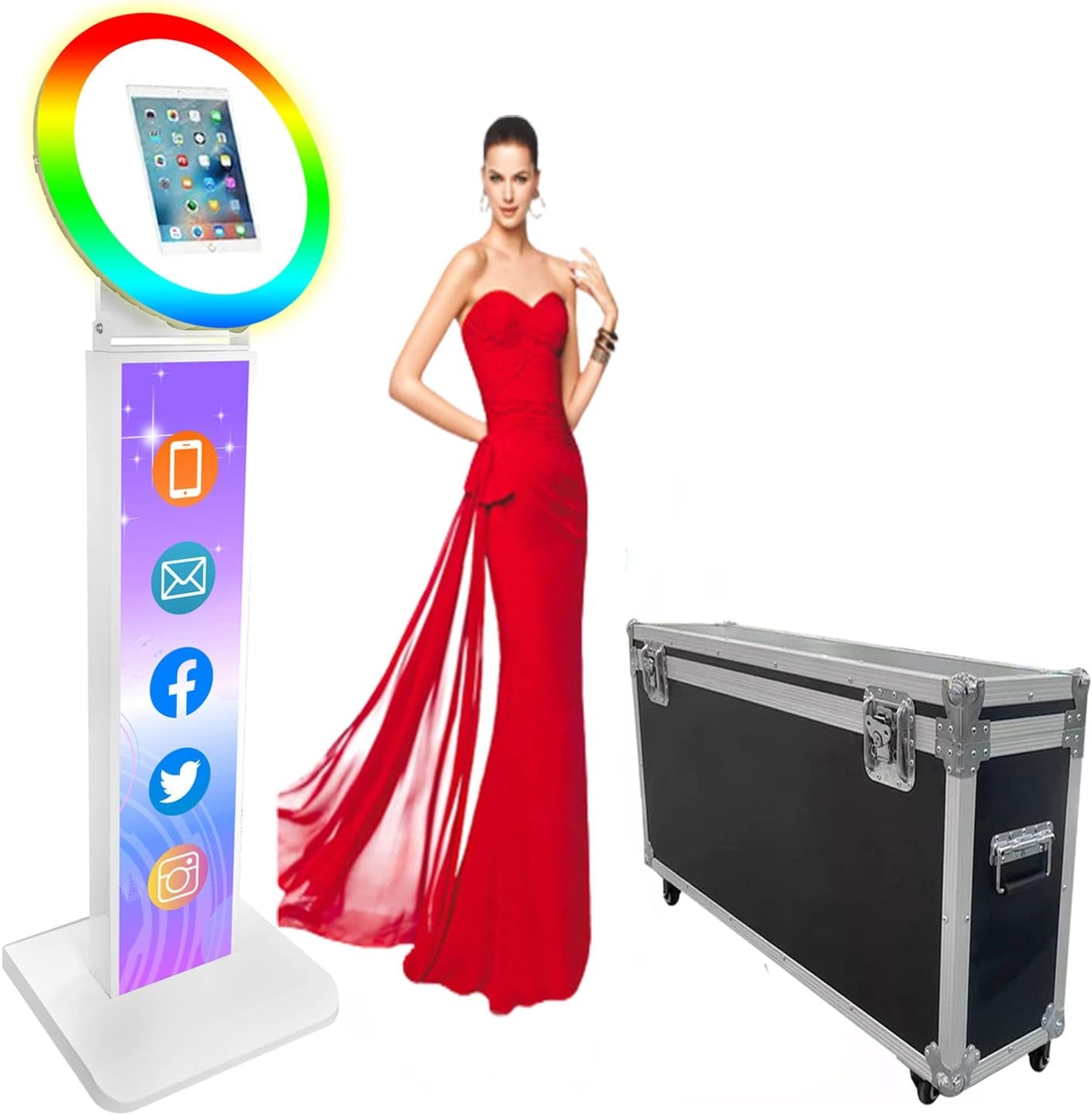 NETSOLAR Portable Photo Booth for 10.2'' Ipad Stand Shell Metal Selfie Photobooth Machine with Adjustable RGB LED Light Ring Free Custom Logo for Parties Wedding Exhibition Rental Business (Black) NETSOLAR White & Customized LOGO & Flight Case For 10.9"/11" ipad