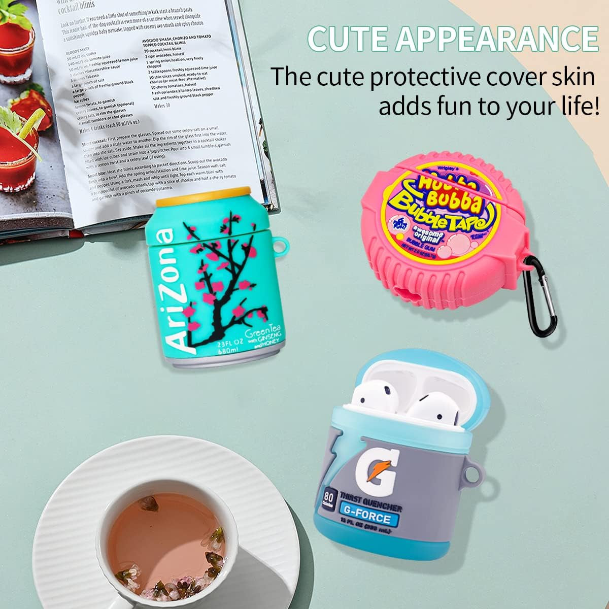 3-Pack Cute Airpods Case for Airpod 2/1, Kawaii 3D Cartoon Funny Airpods Cover Food Design Fashion Silicone Case for Airpods 1&2 Charging Case for Girls Boys Kids (Sport Water+Bubble Gum+Green Drinks) ZOICIP