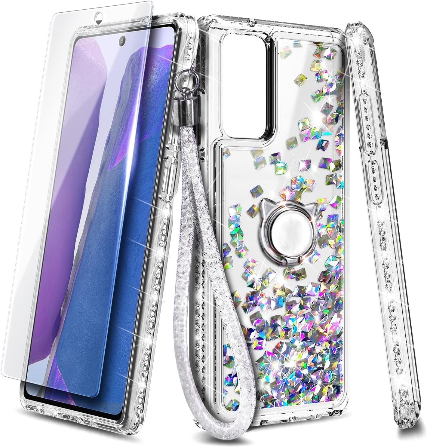 NGB Supremacy Compatible with Samsung Galaxy Note 20/Note 20 5G Case with Tempered Glass Screen Protector, Ring Holder/Wrist Strap, Glitter Liquid Bling Sparkle Floating Girls Cute Case (Gem) NGB Supremacy