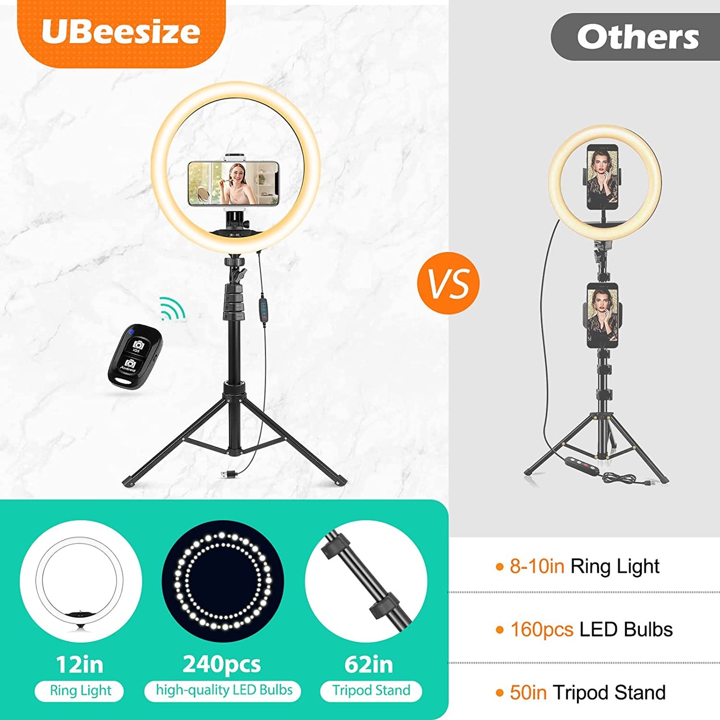 Ubeesize 12'' Ring Light with 62'' Selfie Stick Tripod, LED Ring Light with Stand and Phone Holder for Recording/Makeup/Youtube/Tik Tok, Compatible with Cell Phone, Camera UBeesize