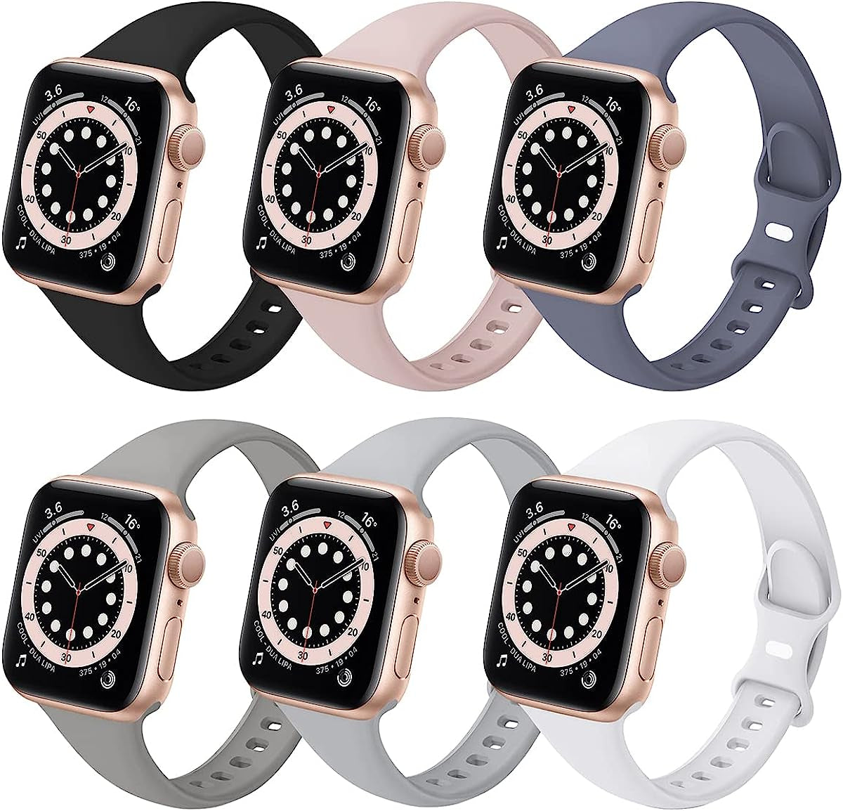 6 Pack Slim Sport Bands Compatible with Apple Watch Band 38Mm 40Mm 41Mm 42Mm 44Mm 45Mm 49Mm,Slim Soft Silicone Waterproof Strap Compatible with Iwatch Series Ultra 8 7 6 5 4 3 2 1 SE Women Men SIV Black/Pink Sand/Lavender Gray/Concrete/Gray/White 38mm/40mm/41mm