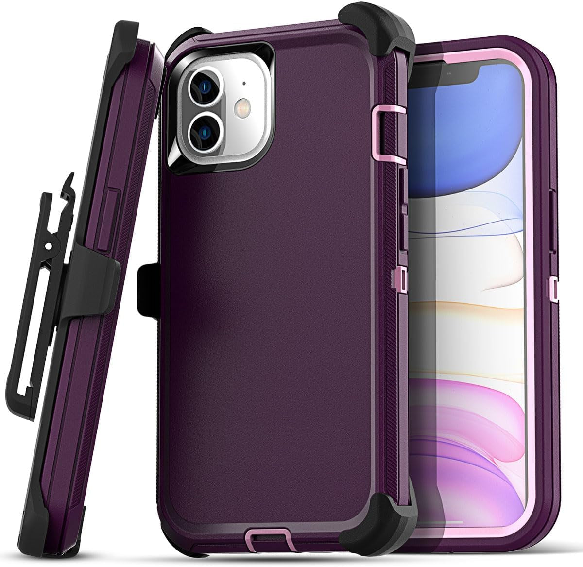 Aicase for Iphone 11 Case (6.1"), Heavy Duty Drop Protection Rugged Shockproof/Drop/Dust Proof 3-Layer Protective Durable Indestructible Phone Cover for Iphone 11, Black AICase Night Purple/Baby Pink(With Belt Clip) Iphone 11