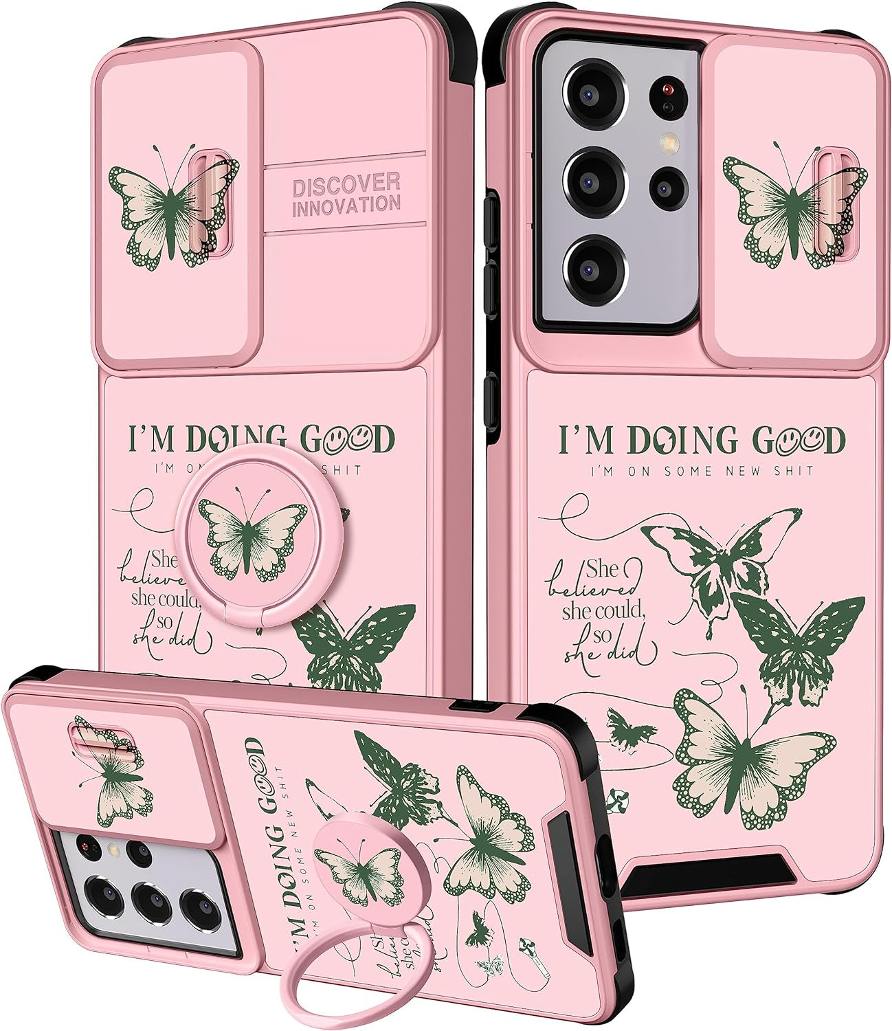 Funermei (2In1 for Samsung Galaxy S21 Ultra Case for Women Sunflower Cute Girls Phone Cover Flowers Floral Girly Sun Flower Black Design with Camera Cover+ Ring Stand for S21 Ultra Case Funermei Green Butterfly