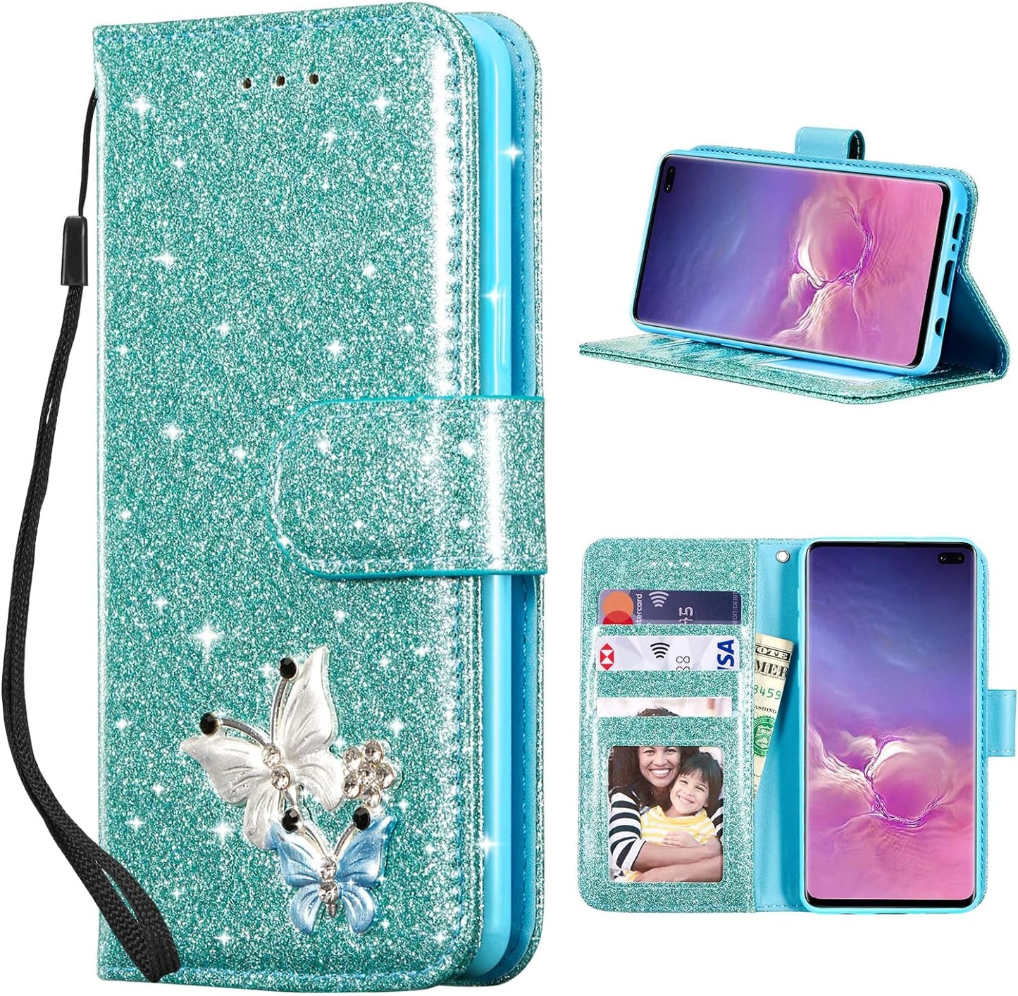 UEEBAI Wallet Case for Samsung Galaxy A53 5G, Premium Glitter PU Leather Phone Case Card Slots Kickstand Case Magnetic Closure Bling Handbag Case Shockproof Hand Strap Flip Cover - Glitter Purple UEEBAI Mint Green Samsung Galaxy S10 Plus