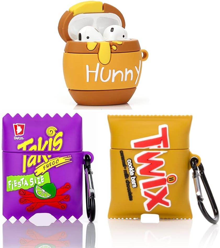 (3Pack) Case for Airpods 1 and Airpods 2, BGAANM Cartoon Silicone Case Protective Cover with Cute Funny Skin Design, with Keychain (Juice+Icecream+Bottle) BGAANM Hunny+Chips1+Candy