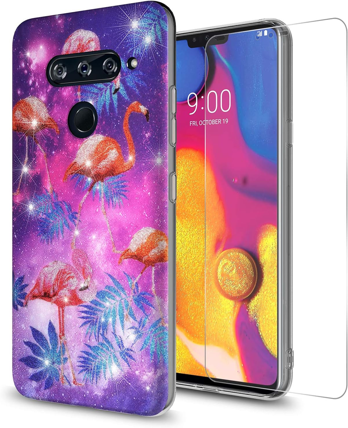 GORGCASE Phone Case Compatible for LG V40 THINQ 2018 Case, LG V40 CASE with Screen Protector,Slim PC Anti-Scratch Shock-Proof Cute Sparkle Bling Girls Women Protective Cover for LG V40 Black Flower GORGCASE Flamingo