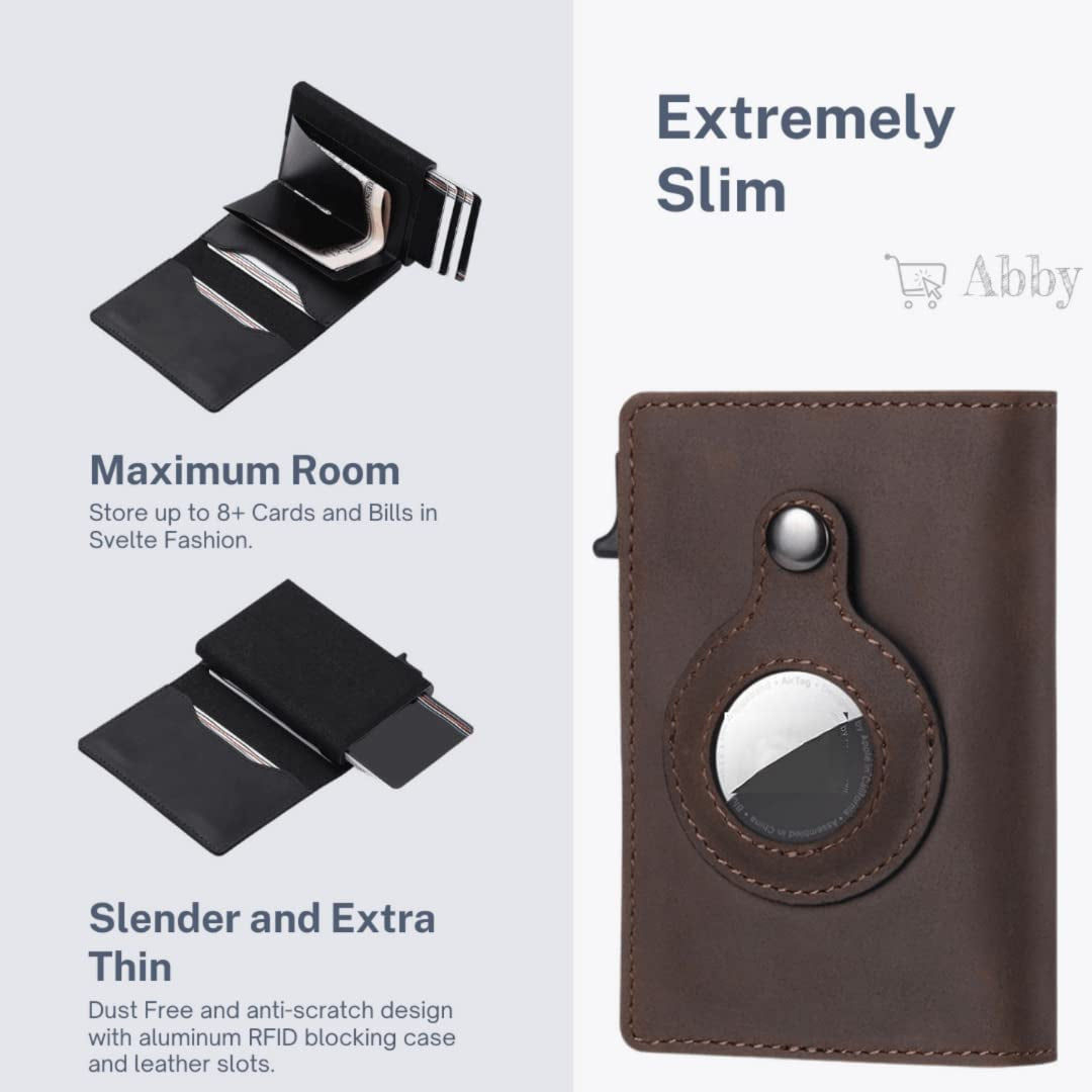 Abby'S Anti-Lost Slim Leather Airtag Wallet with Apple Airtag Case (Cocoa Brown) RFID Protection, Smart Thin Minimalist Pop up Credit Card Airtag Holder Trackable Wallet ABBY