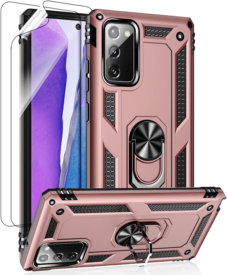 Samsung Galaxy Note 20 Case, Note20 5G Case with HD Screen Protectors, Androgate Military-Grade Metal Ring Holder Kickstand 15Ft Drop Tested Shockproof Cover Case for Samsung Galaxy Note 20 Teal E&M Tek Rose Gold