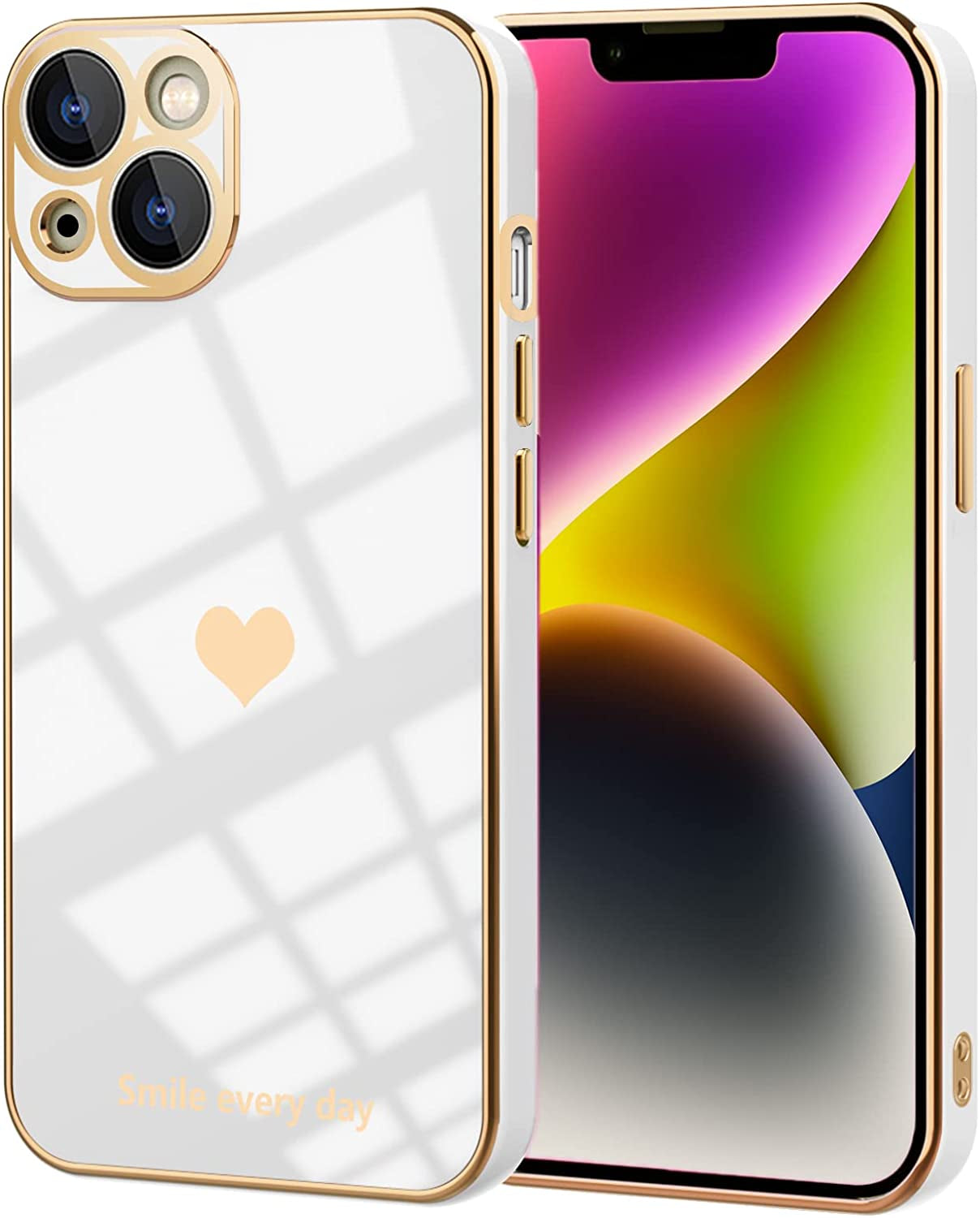 Tksafy for Iphone 14 Case, Cute Love Heart Pattern for Women Girls with Full Camera Protection, Anti-Scratch Plating Soft TPU Shockproof Bumper Phone Cover for Apple Iphone 14 6.1-Inch 2022, Lavender Tksafy White