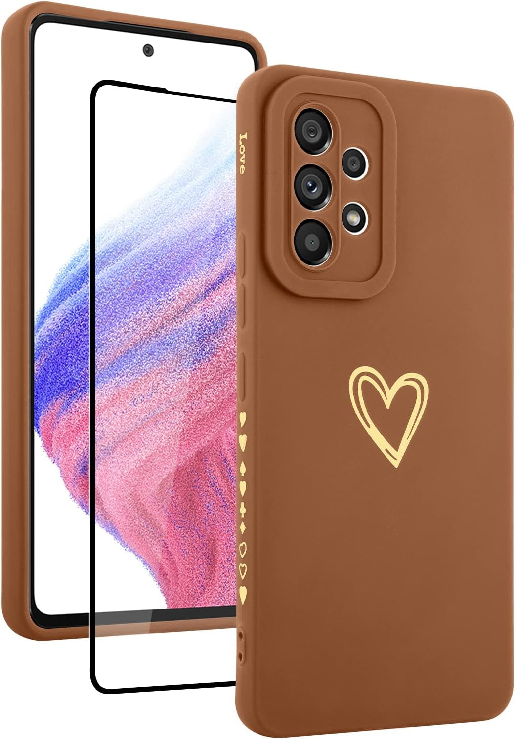 Fiyart Designed for Samsung Galaxy A53 5G Case Love Heart Design for Women Girls Soft TPU Plating Full Camera Lens Protection Phone Cover Bumper with Screen Protector for Galaxy A53 5G 6.5"-Black Fiyart Brown