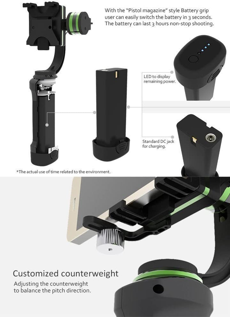 Lanparte HHG-01 3-Axis Motorized Handheld Gimbal Active Stabilizer for Gopro Iphone 6S plus Smartphones Video Cameras Gopro Clamp Included LanParte