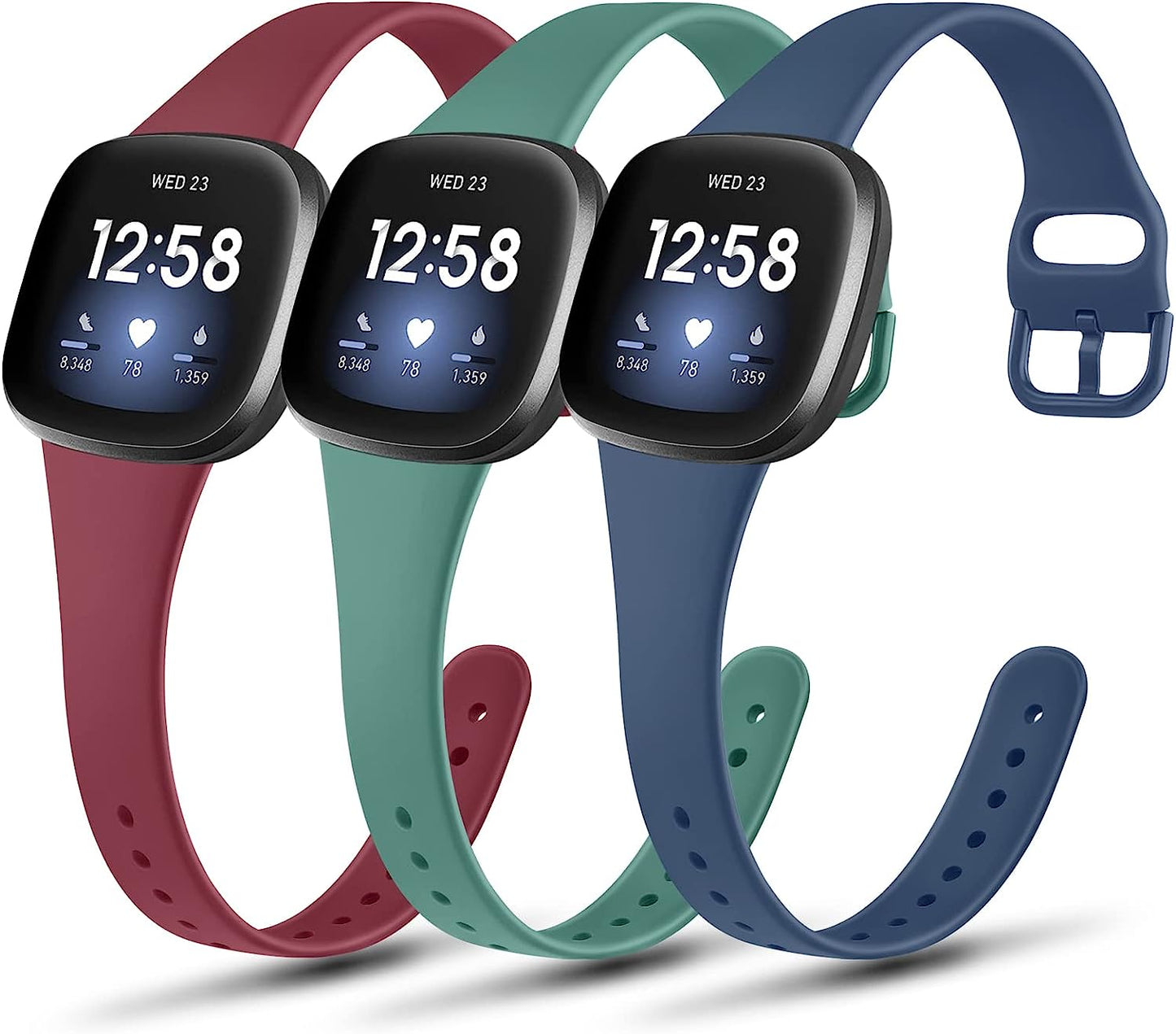 3 Pack Slim Soft Silicone Bands Compatible with Fitbit Versa 4 & Versa 3 Bands and Fitbit Sense 2 & Sense Bands for Women Men, Sports Wristbands Replacement Straps for Fitbit Versa 4 & 3 / Fitbit Sense 2 & Sense Smart Watch AK Wine Red/Navy Blue/Pine Green