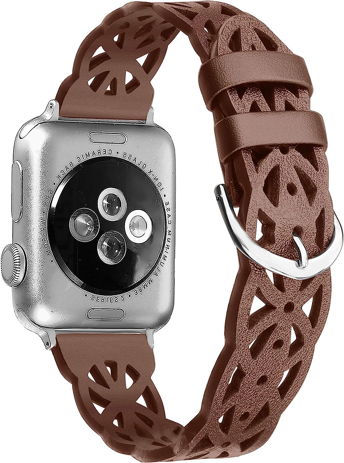 Secbolt Hollowed-Out Leather Band Compatible with Apple Watch 38Mm 40Mm 41Mm 42Mm 44Mm 45Mm Iwatch Series 8/7/6/SE/5/4/3/2/1, Elegant Top-Grain Leather Wristband Strap Accessories for Women Secbolt Brown 38mm/40mm/41mm