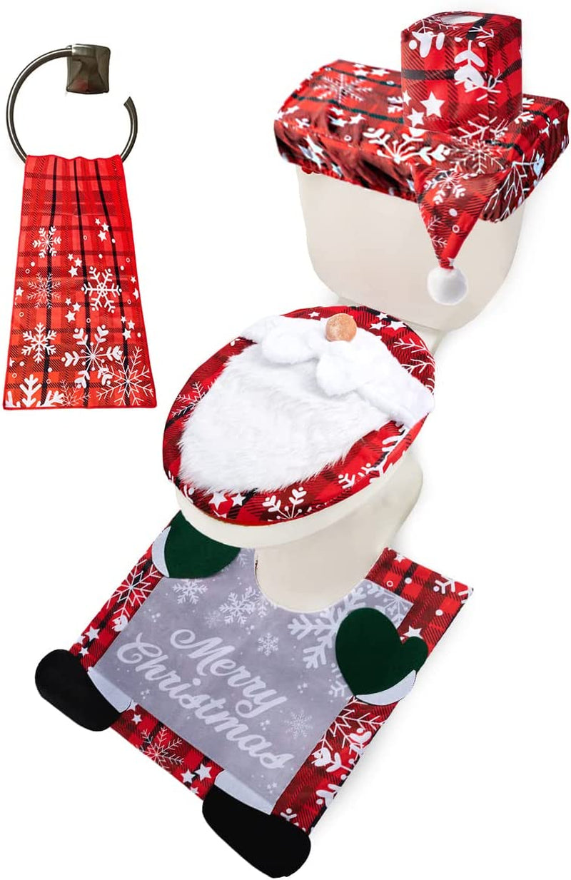 JOYIN 5 Pieces Christmas Theme Bathroom Decoration Set W/Toilet Seat Cover, Rugs, Tank Cover, Toilet Paper Box Cover and Santa Towel for Xmas Indoor Décor, Party Favors (Santa) Joyin Inc Gnome