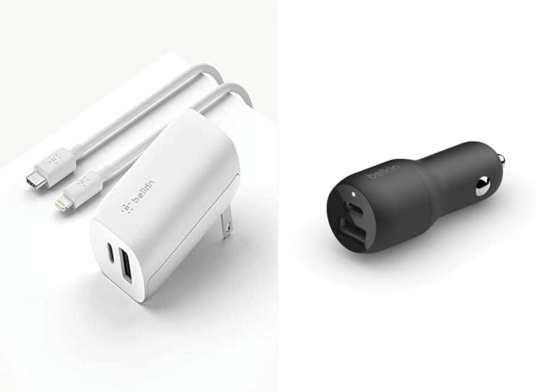 Belkin 37 Watt USB C Wall Charger - Power Delivery 25W USB C Port + 12W USB a Port for PPS Charging Apple Iphone 14, 14 Pro, 14 Pro Max, 13 Pro, 13 Pro Max, Galaxy S21 Ultra & More Belkin Dual USB-C & A Port with C-Lightning Cable Charger + Fast Car Charger