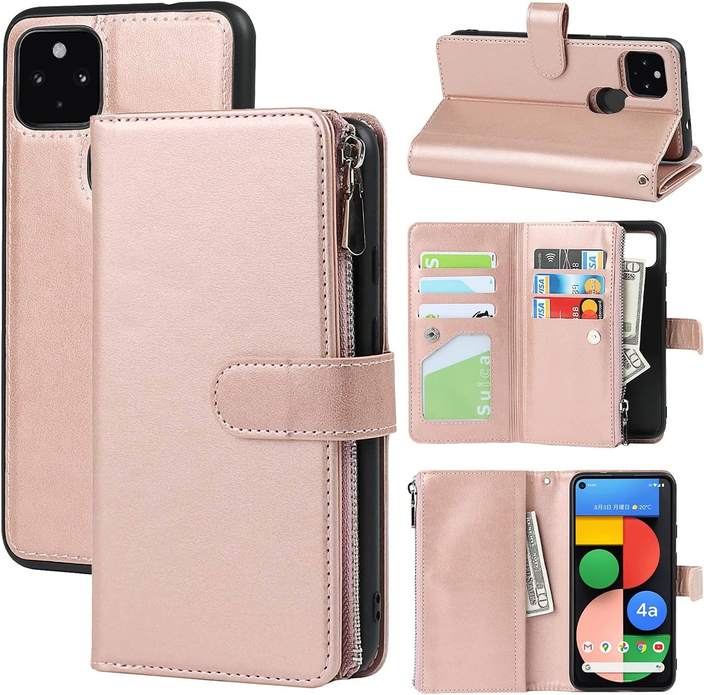 Sailortech Magnetic Detachable 2 in 1 Wallet Phone Case Design for Google Pixel 4A 5G with 6 Card Holder 1 Zipper Coin Wallet 1 Cash Slot Wrist Strap Kickstand for Women Men Wine Red SAILOR 2 In 1-Rose Gold Google Pixel 4A 5G