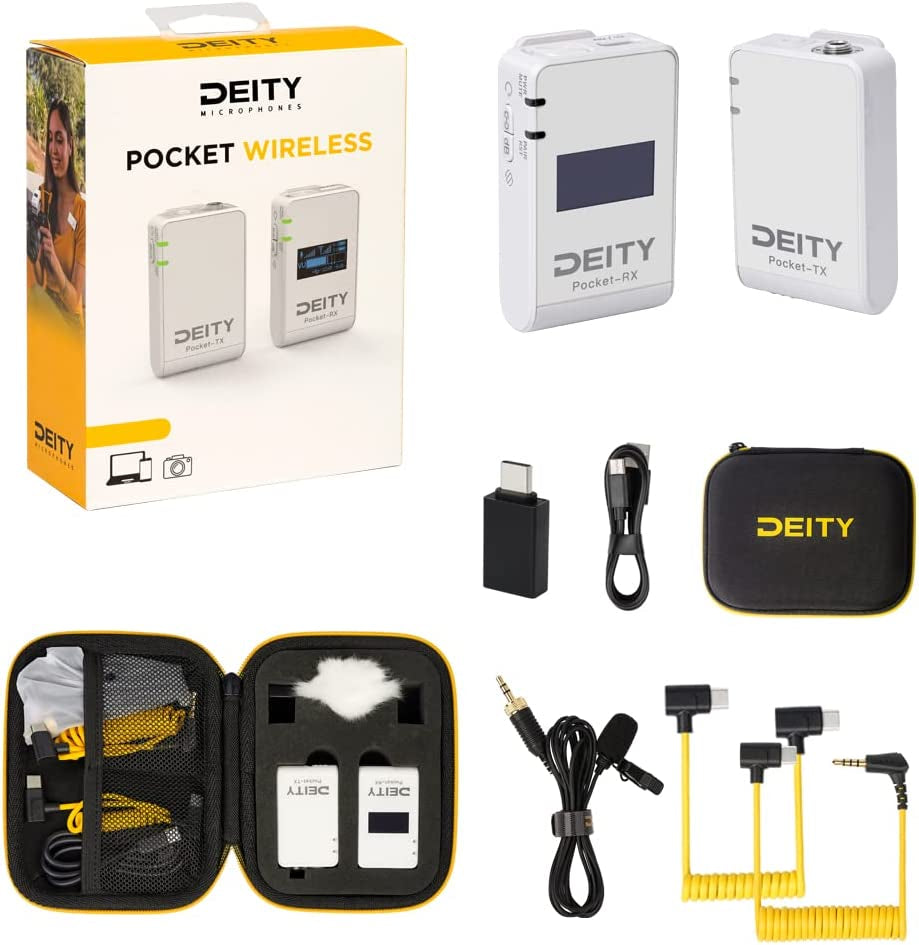 Deity Pocket Wireless Microphones 2.4Ghz Pocket Wireless System Lavalier Microphone with OLED Display for Vlog Video Interview Youtube Facebook Live DSLR Camera Smartphone Tablet (White) Deity