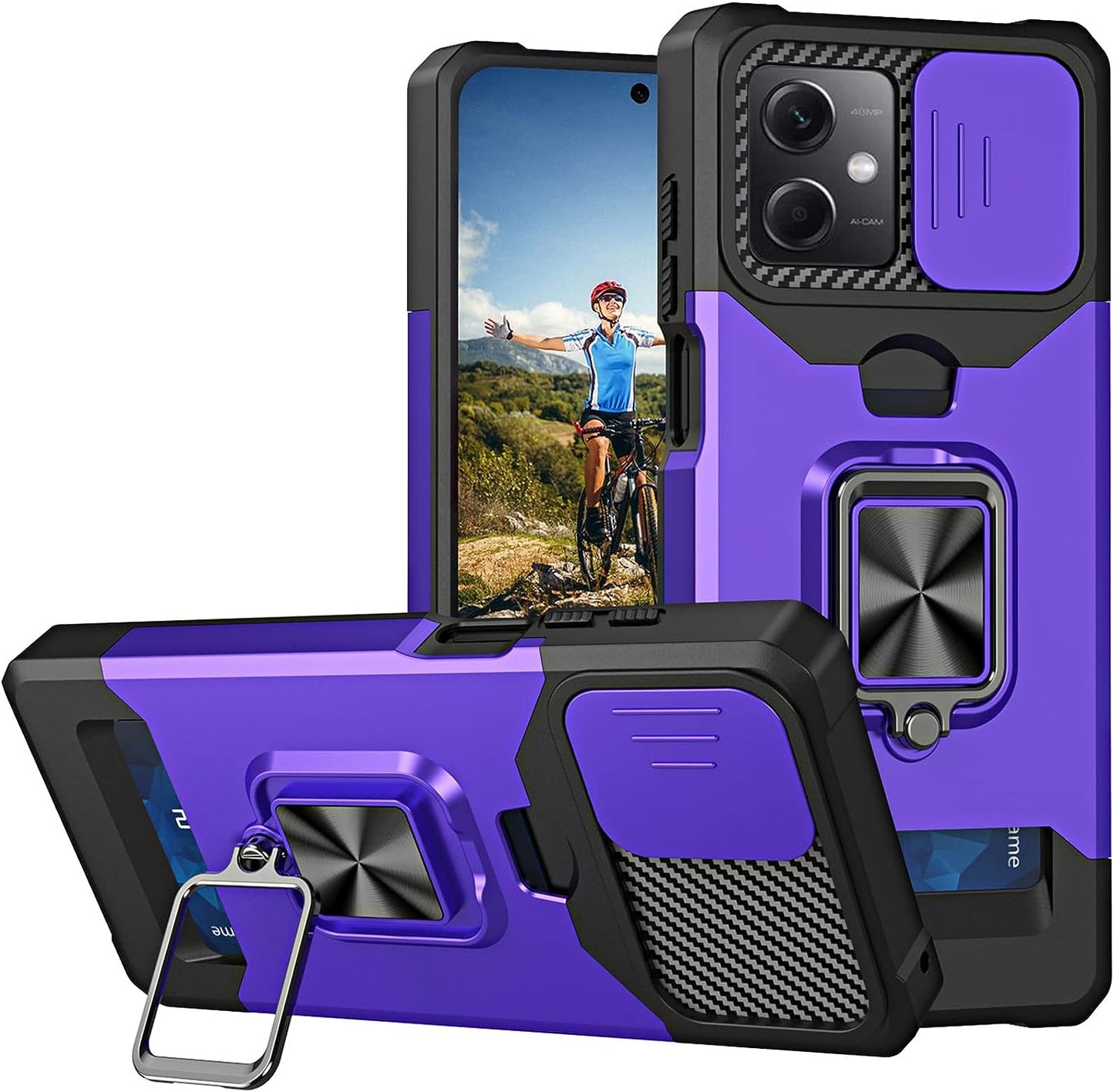 Ysnzaq for Xiaomi Redmi Note 12 5G Case with Card Holder and Sliding Camera (Not 4G), Military Grade Shockproof Protective Phone Cover for Xiaomi Redmi Note 12 5G /Xiaomi Poco X5 YHZH Green Ysnzaq Purple