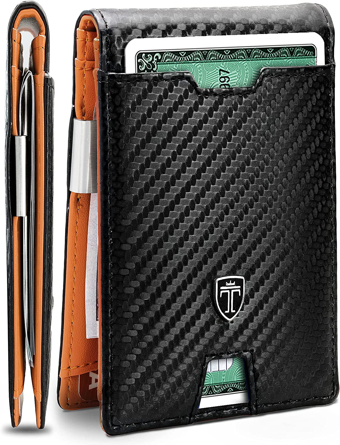 TRAVANDO Mens Slim Wallet with Money Clip AUSTIN RFID Blocking Bifold Credit Card Holder for Men with Gift Box TRAVANDO Carbon & Orange