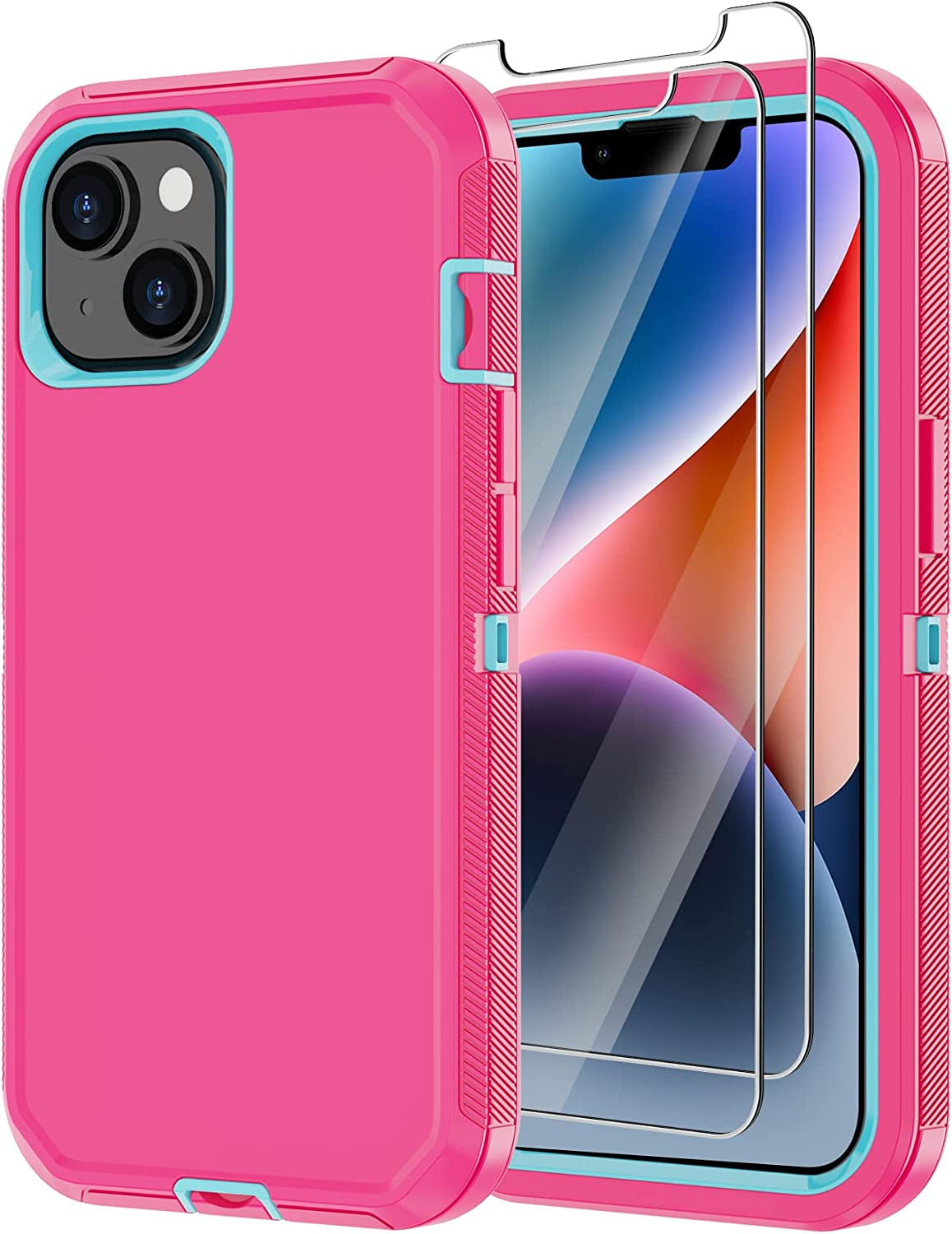 Annymall for Iphone 14 plus Case with 2 Screen Protector, Heavy Duty Drop Protection Shockproof Rugged 3-Layer Military Tough Durable Protective Cover for Apple Iphone 14 plus 6.7" (Black) Annymall Pink/Blue