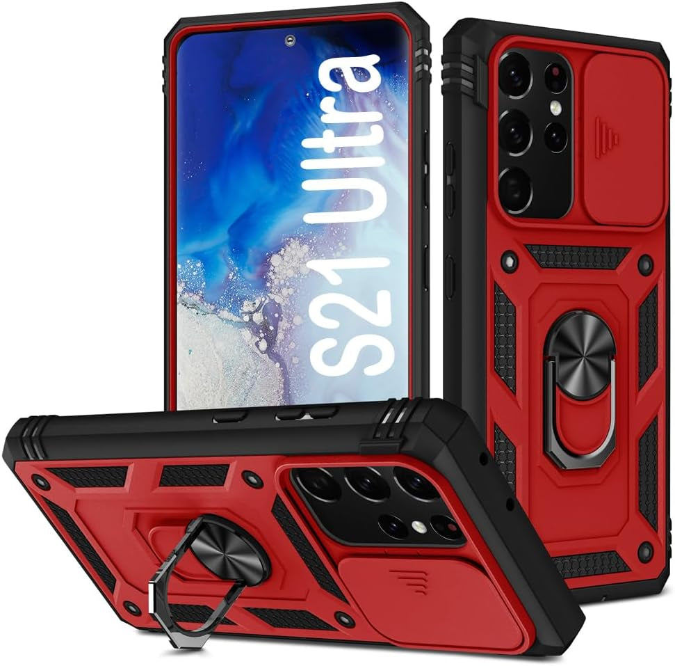 PASNEW for Samsung Galaxy S21 Ultra Case,Finger Ring Kickstand & Camera Cover Slide & Charge Port Dust Plug,Military Heavy Duty Full Body Shockproof Protective Hard Shell S21Ultra,6.8 Inch,Pink PASNEW Red Samsung Galaxy S21 Ultra【6.8"】