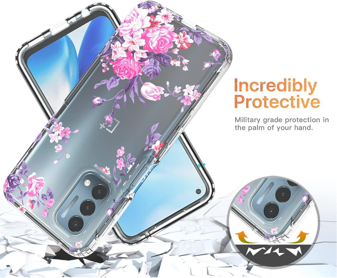 Yerebel Case for Oneplus Nord N200 5G Case, Oneplus N200 DE2117 with Tempered Glass Screen Protector, Floral Design Shockproof Bumper Full Body Protective Phone Cover for Oneplus Nord N200 5G (Rose) Yerebel