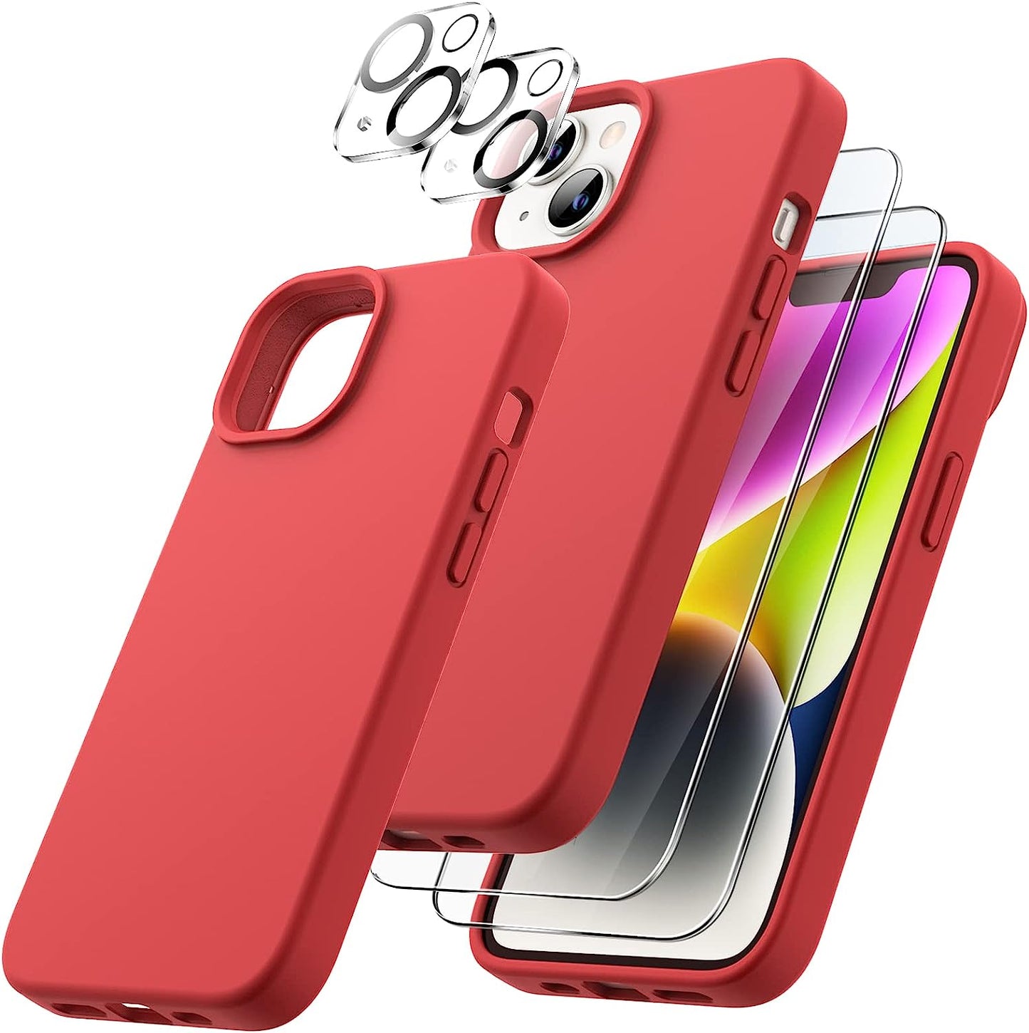 Jetech 3 in 1 Silicone Case for Iphone 14 plus 6.7-Inch, with 2-Pack Screen Protector and 2-Pack Camera Lens Protector, Full Coverage Tempered Glass Film, Shockproof Phone Cover (Midnight Green) JETech Red