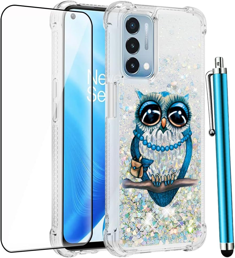 CAIYUNL for Oneplus Nord N200 5G Case with Tempered Glass Screen Protector, Glitter Bling Flowing Liquid Sparkle Women Girls Soft TPU Shockproof Protective Cute Case for Oneplus Nord N200 5G CAIYUNL Cute Owl