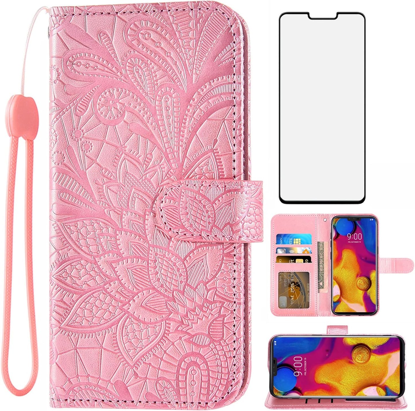 Asuwish Phone Case for LG V40 Thinq with Tempered Glass Screen Protector and Lace Wallet Cover Flip Card Holder Stand Cell Accessories LGV40 Storm V 40 Thin Q V40Thinq LG40 40V 40Thinq Women Men Grey Asuwish Rose Gold