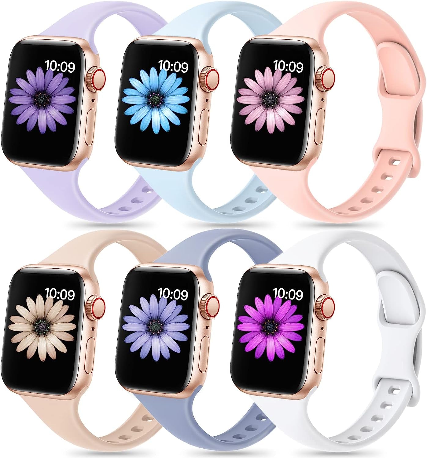 6 Pack Slim Sport Band Compatible for Apple Watch Band 38Mm 42Mm 40Mm 44Mm 41Mm 45Mm 49Mm,Women Thin Narrow Soft Silicone Replacement Strap Wristband for Iwatch Ultra Series 8 7 6 5 4 3 2 1 SE ShunDee White/Pink/Lavender Grey/Light Purple/Light Blue/Milk Tea 42MM/44MM/45MM/49MM