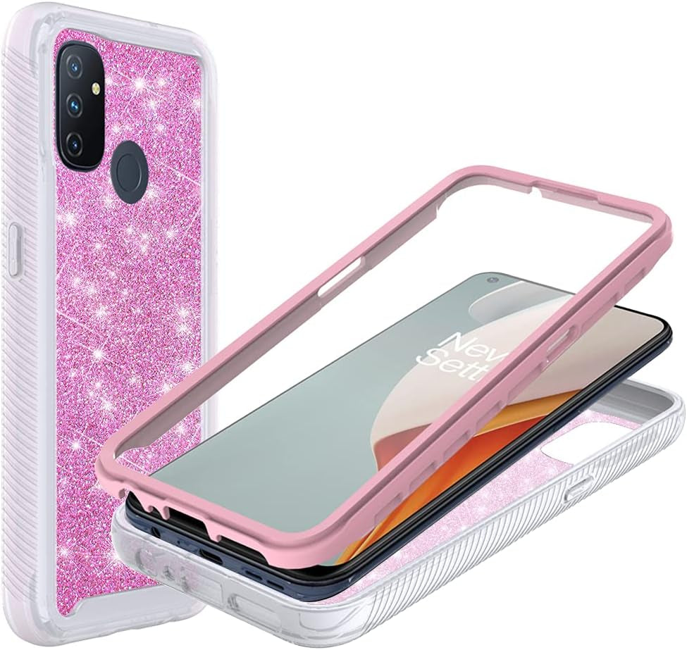 Jackpot Wireless Designed for Oneplus Nord N100 Case, Oneplus N100 Glitter Phone Case with Built in Screen Protector Crystal Clear Bling Sparkly Crystal Shockproof Bumper Protective Phone Cover (Pink) JACKPOT WIRELESS