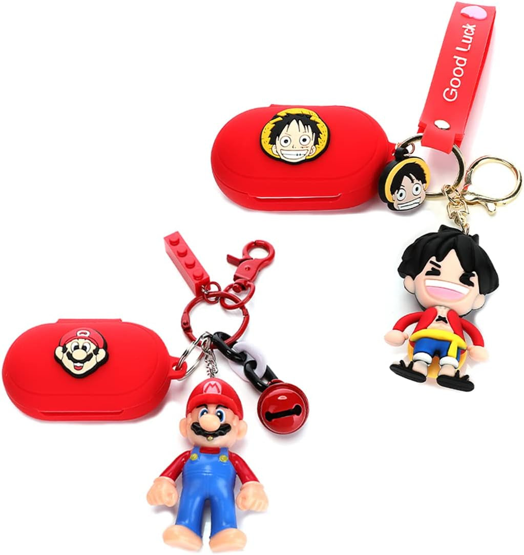 (2 Pack) Fit Designed for Samsung Galaxy Buds/Galaxy Buds+ plus Earbuds, BGAANM Silicone Cute Cartoon Character Charging Case Protection Cover with Doll Keychain Anti-Lost Lanyard Accessories Kits BGAANM Luffy+Mario