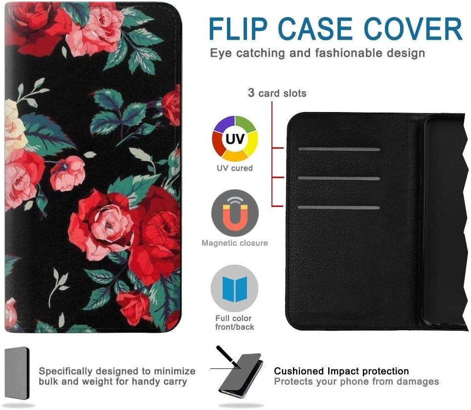 RW3112 Rose Floral Pattern Black PU Leather Flip Case Cover for LG V30, LG V30 Plus, LG V30S Thinq, LG V35, LG V35 Thinq jjphonecase